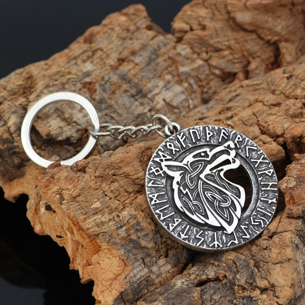 WorldNorse Runes With Wolf Head Keychain