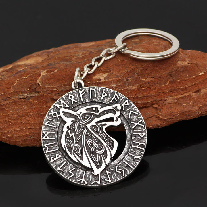 WorldNorse Runes With Wolf Head Keychain