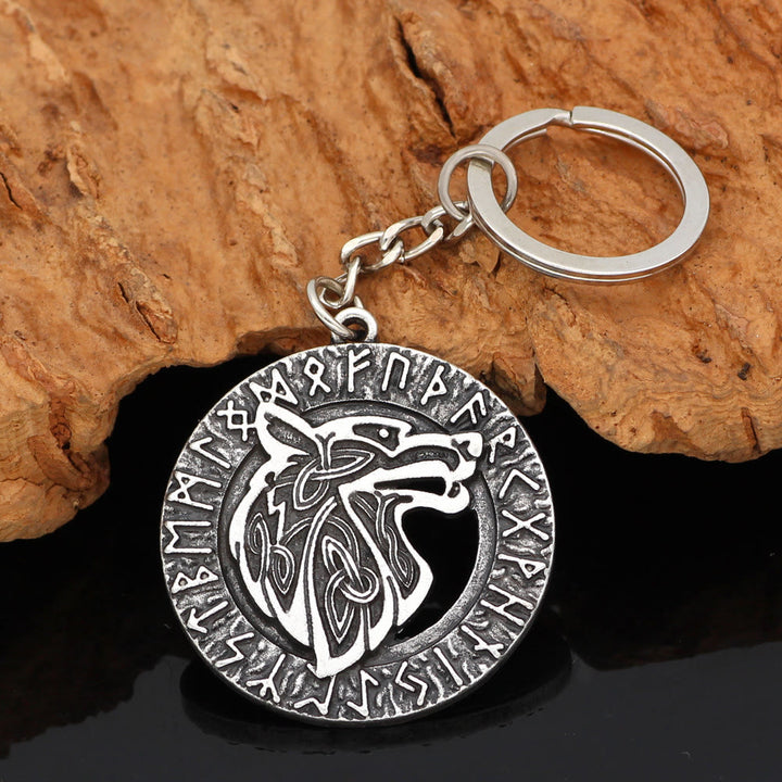 WorldNorse Runes With Wolf Head Keychain