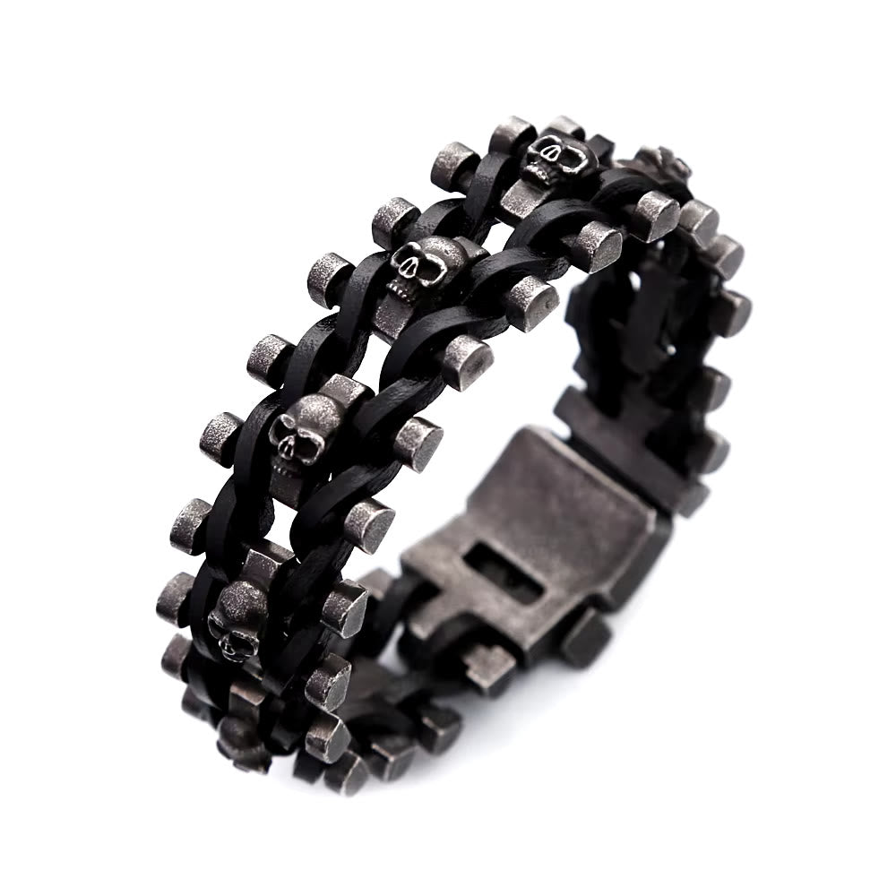 WorldNorse Skull Stainless Steel Leather Bracelet