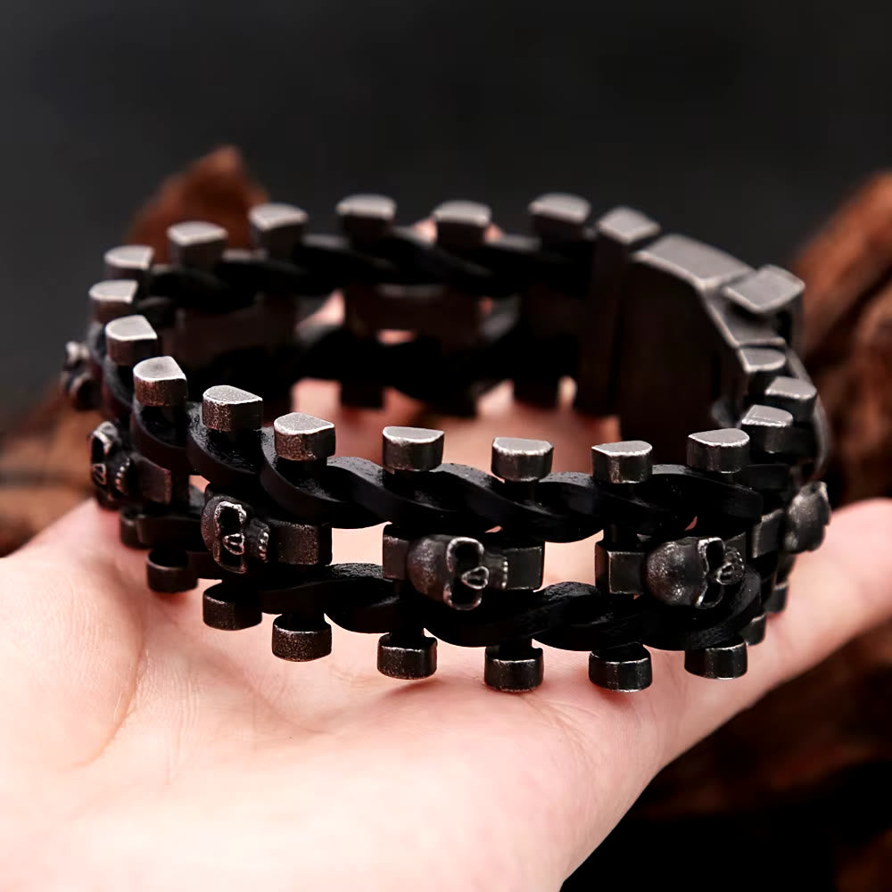 WorldNorse Skull Stainless Steel Leather Bracelet