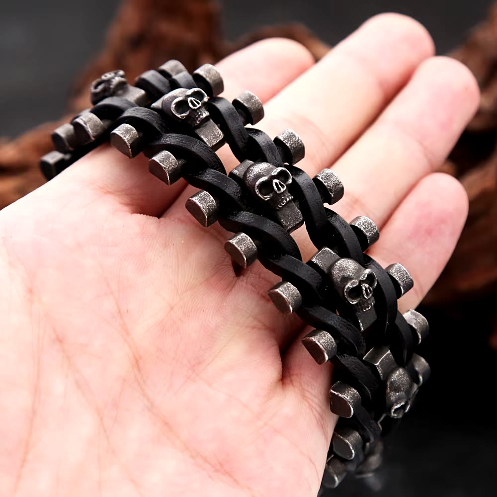 WorldNorse Skull Stainless Steel Leather Bracelet