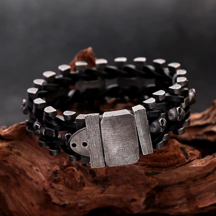 WorldNorse Skull Stainless Steel Leather Bracelet