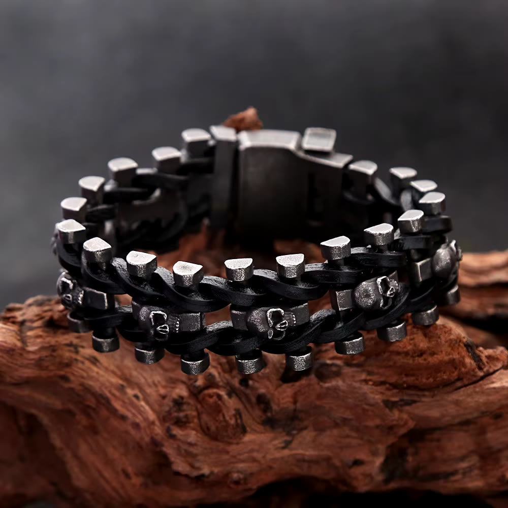 WorldNorse Skull Stainless Steel Leather Bracelet