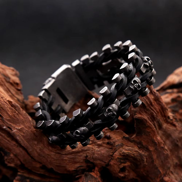 WorldNorse Skull Stainless Steel Leather Bracelet