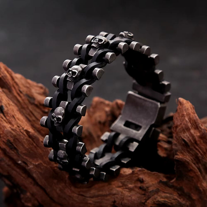 WorldNorse Skull Stainless Steel Leather Bracelet