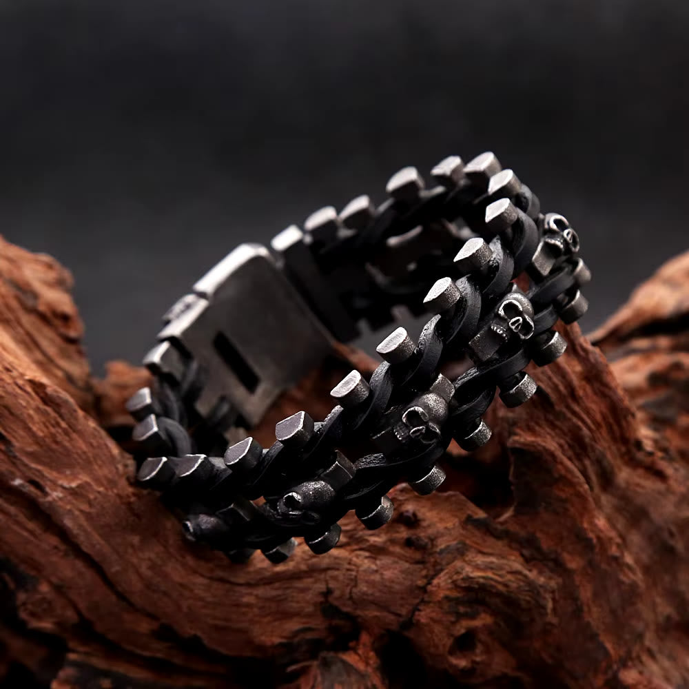 WorldNorse Skull Stainless Steel Leather Bracelet