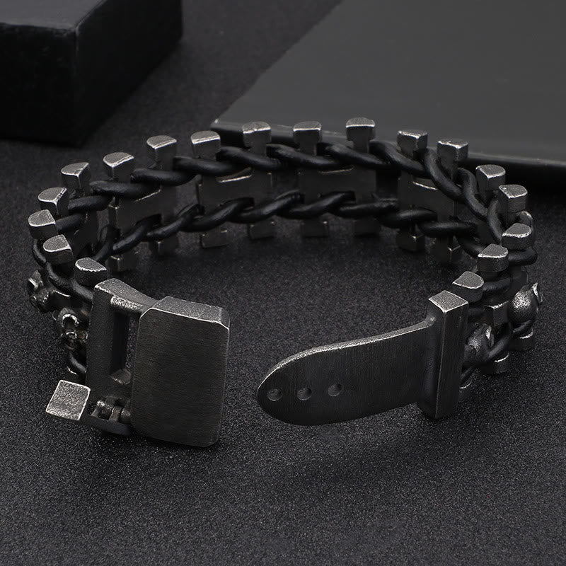 WorldNorse Skull Stainless Steel Leather Bracelet