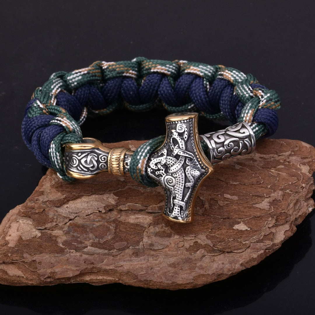 WorldNorse Viking Mjolnir Paracord Braided Bracelet - Camouflage Green + Navy Blue - 23cm - image 0