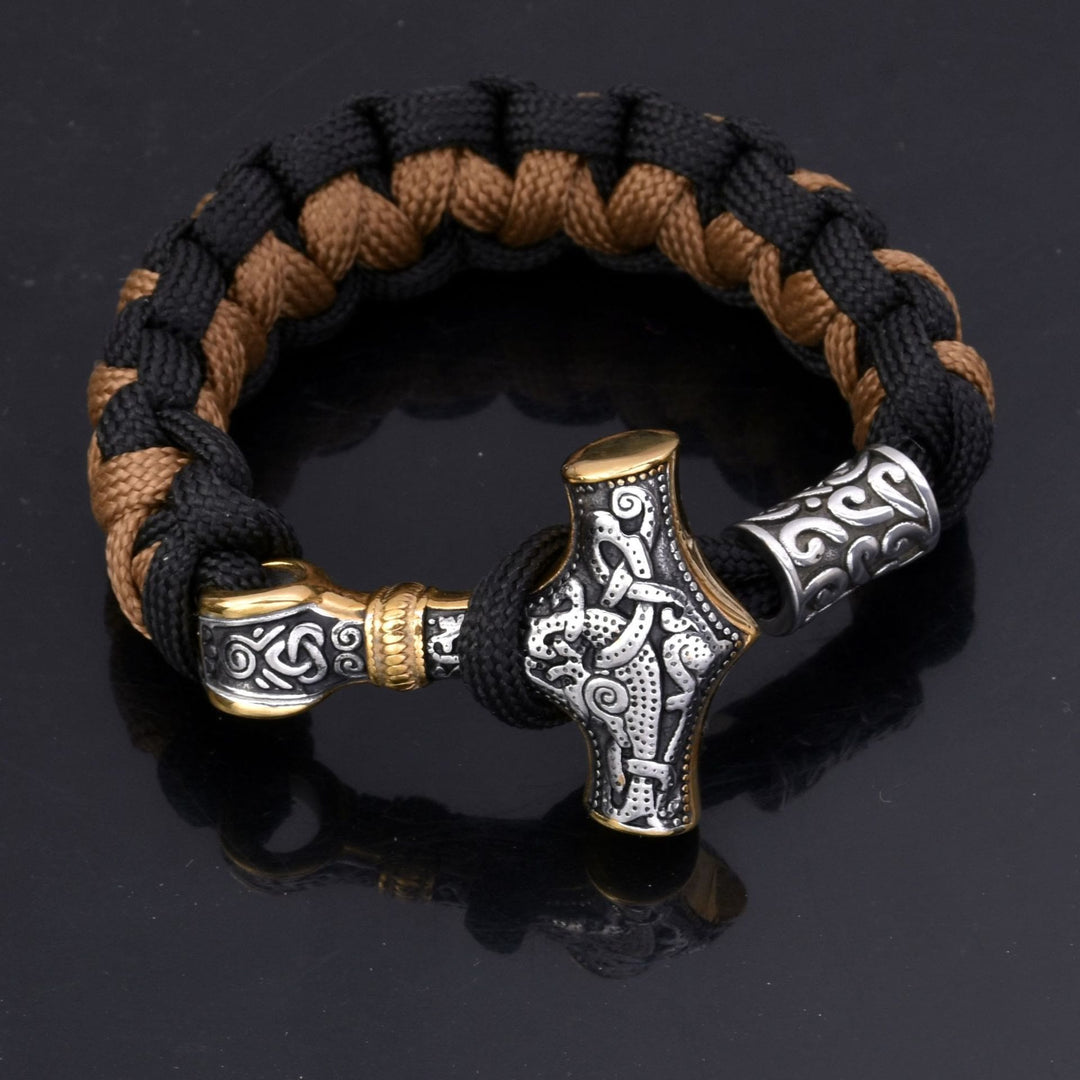 WorldNorse Viking Mjolnir Paracord Braided Bracelet - Black+Wolf Brown - 23cm - image 9