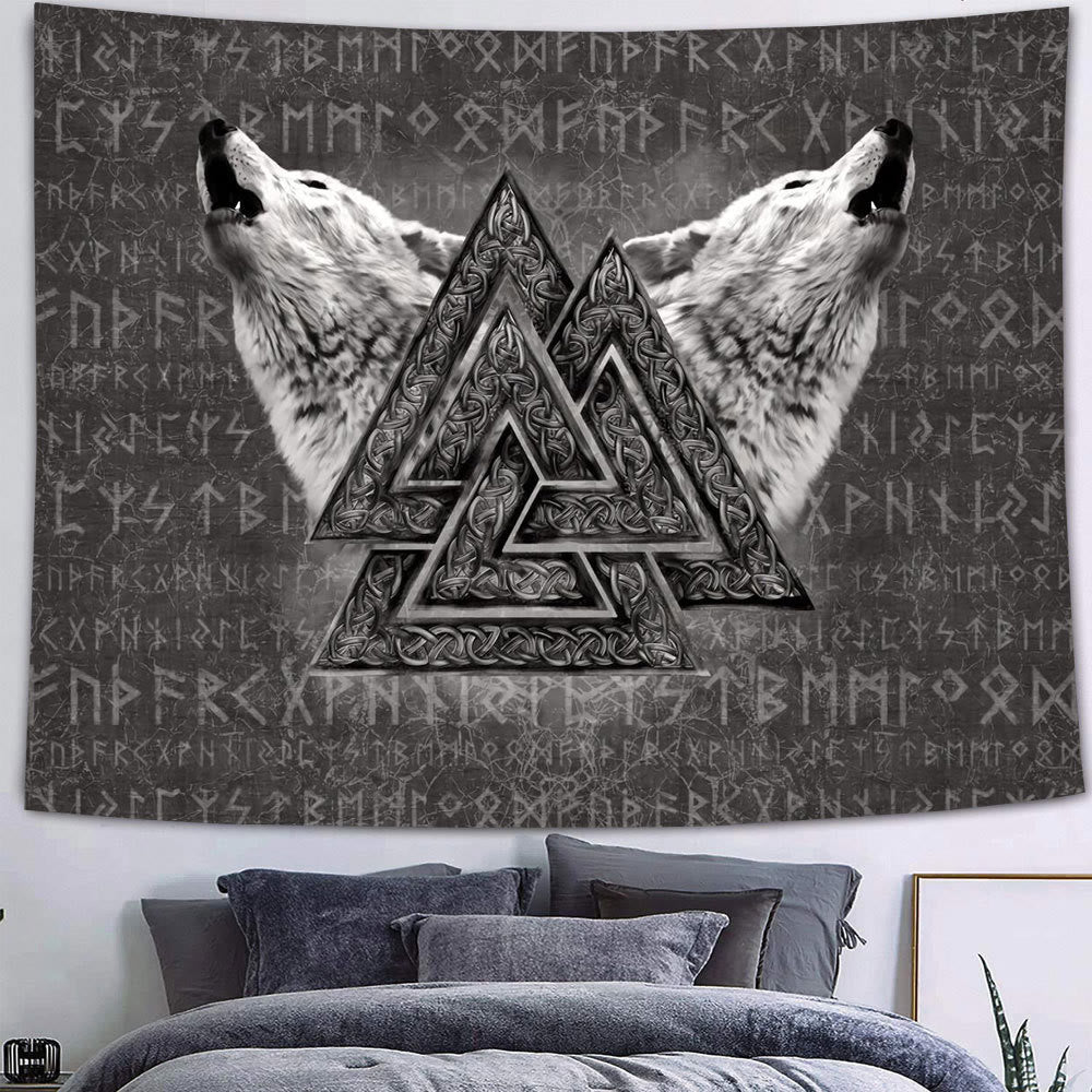 WorldNorse Viking Wolves Rune Tapestry - Valknut - Flannel Fabric - 340X180cm - image 0