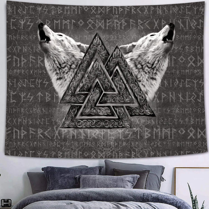 WorldNorse Viking Wolves Rune Tapestry - Valknut - Flannel Fabric - 340X180cm - image 0