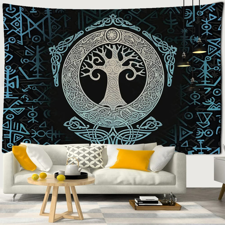 WorldNorse Mjolnir Yggdrasil Vegvisir Tapestry