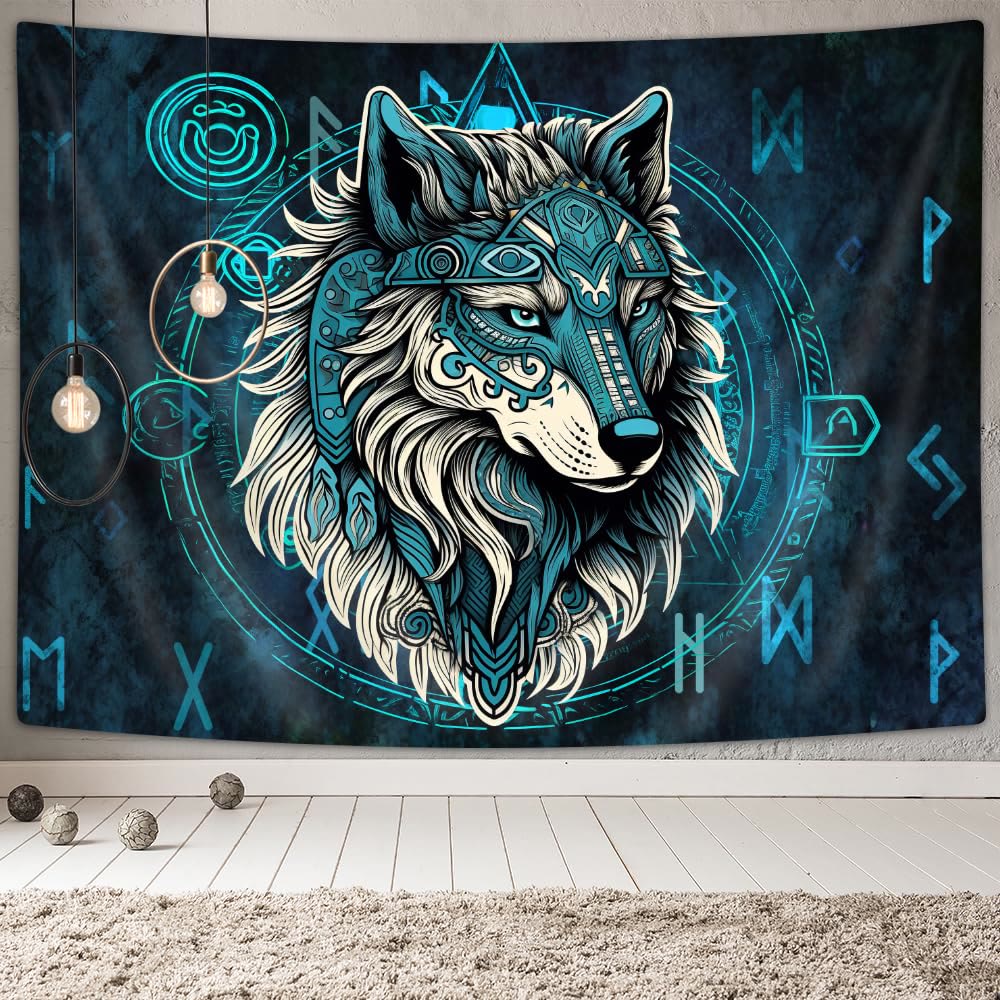 WorldNorse Nordic Wolves Rune Tapestry - Blue - 180X320cm - image 0