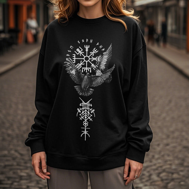 WorldNorse Viking Birds Runes Vegvisir Totem Sweatshirt - image 9