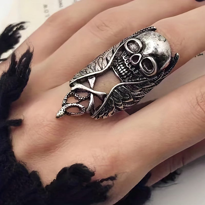 WorldNorse Punk Skull Feather Rock Ring