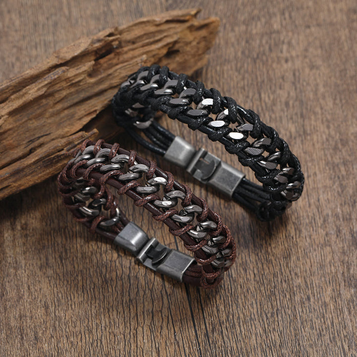 WorldNorse Leather Chain Woven Bracelet