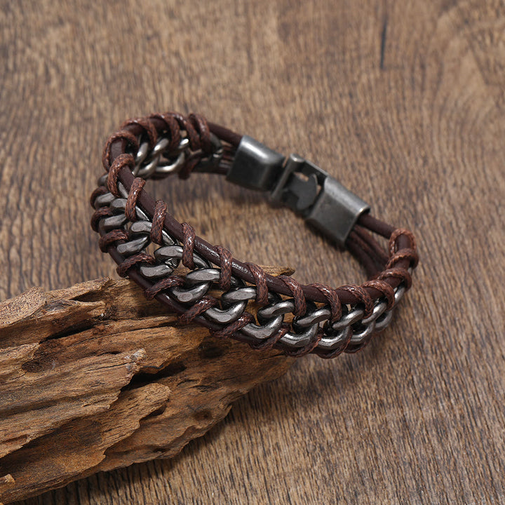 WorldNorse Leather Chain Woven Bracelet