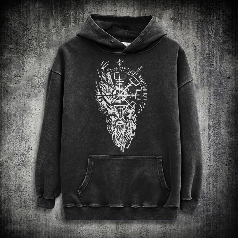 WorldNorse Viking Old Man Vegvisir Washed Hoodie - Black - 3XL - image 0