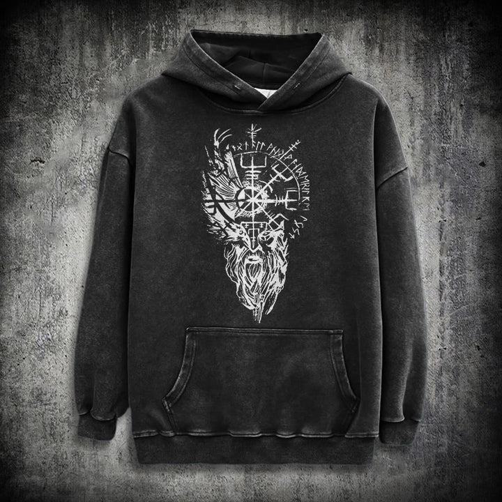 WorldNorse Viking Old Man Vegvisir Washed Hoodie - Black - 3XL - image 0
