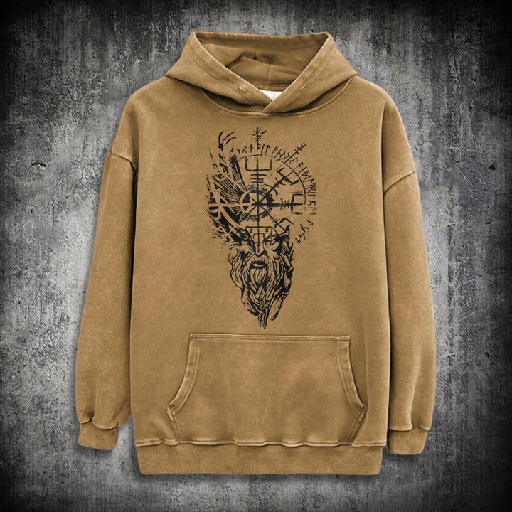 WorldNorse Viking Old Man Vegvisir Washed Hoodie - Khaki - 3XL - image 26