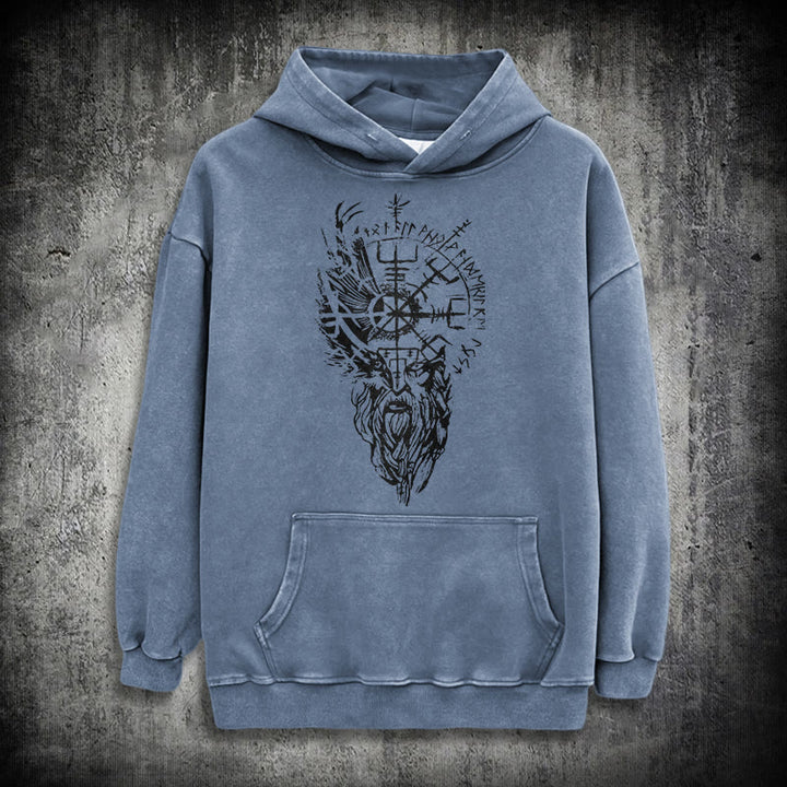 WorldNorse Viking Old Man Vegvisir Washed Hoodie - Blue - 3XL - image 19