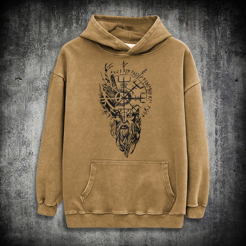 WorldNorse Viking Old Man Vegvisir Washed Hoodie - Khaki - 3XL - image 26