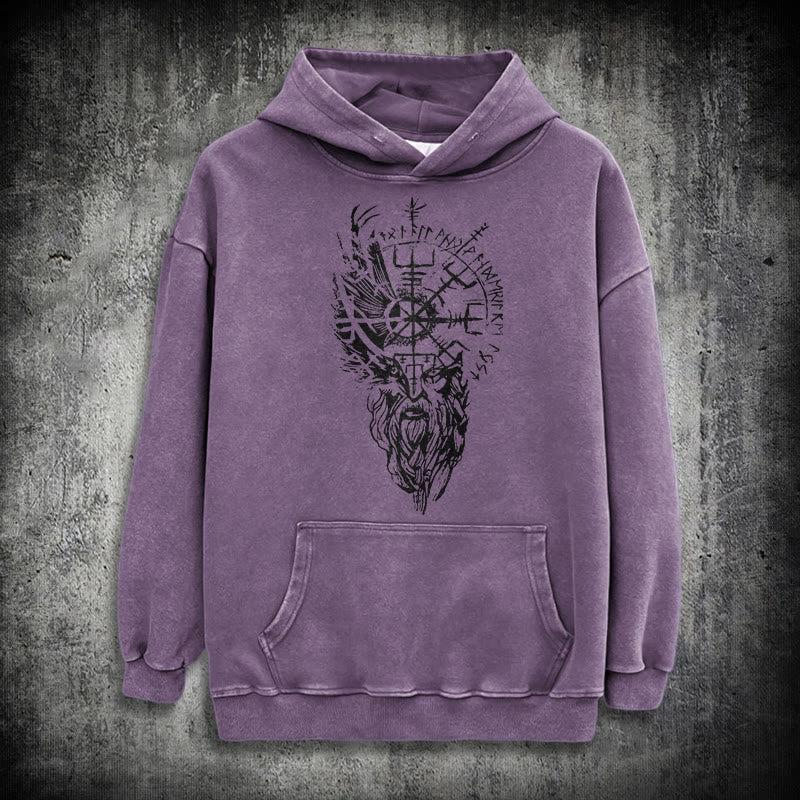 WorldNorse Viking Old Man Vegvisir Washed Hoodie - Purple - 3XL - image 33