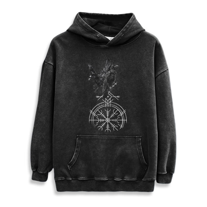 WorldNorse Gothic Raven Vegvisir Print Washed Hoodie