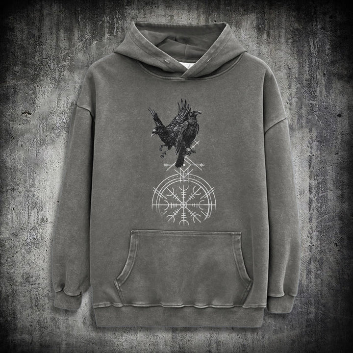 WorldNorse Gothic Raven Vegvisir Print Washed Hoodie - Grey - 3XL - image 12