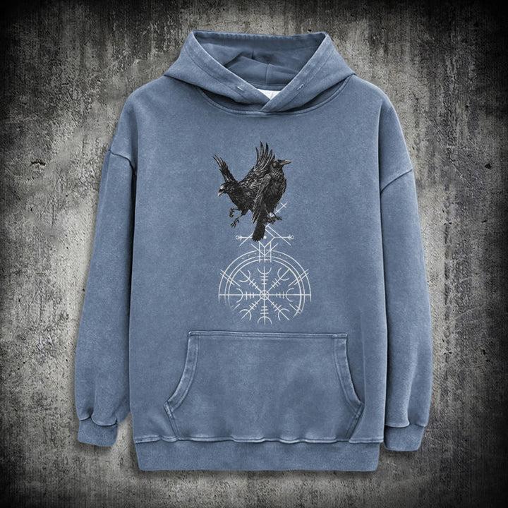 WorldNorse Gothic Raven Vegvisir Print Washed Hoodie