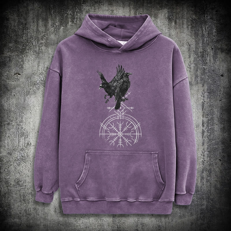 WorldNorse Gothic Raven Vegvisir Print Washed Hoodie