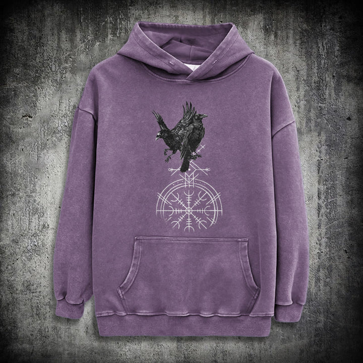 WorldNorse Gothic Raven Vegvisir Print Washed Hoodie