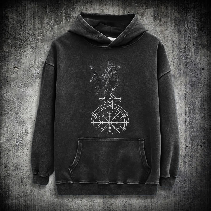 WorldNorse Gothic Raven Vegvisir Print Washed Hoodie - Black - 3XL - image 0