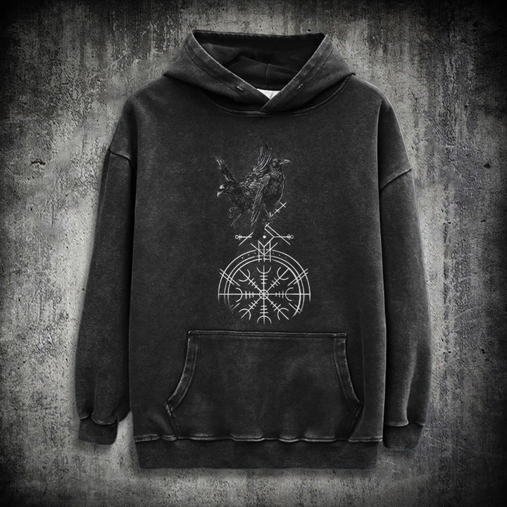 WorldNorse Gothic Raven Vegvisir Print Washed Hoodie - Black - 3XL - image 0