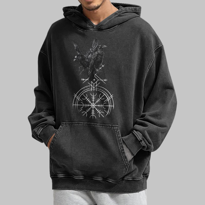 WorldNorse Gothic Raven Vegvisir Print Washed Hoodie