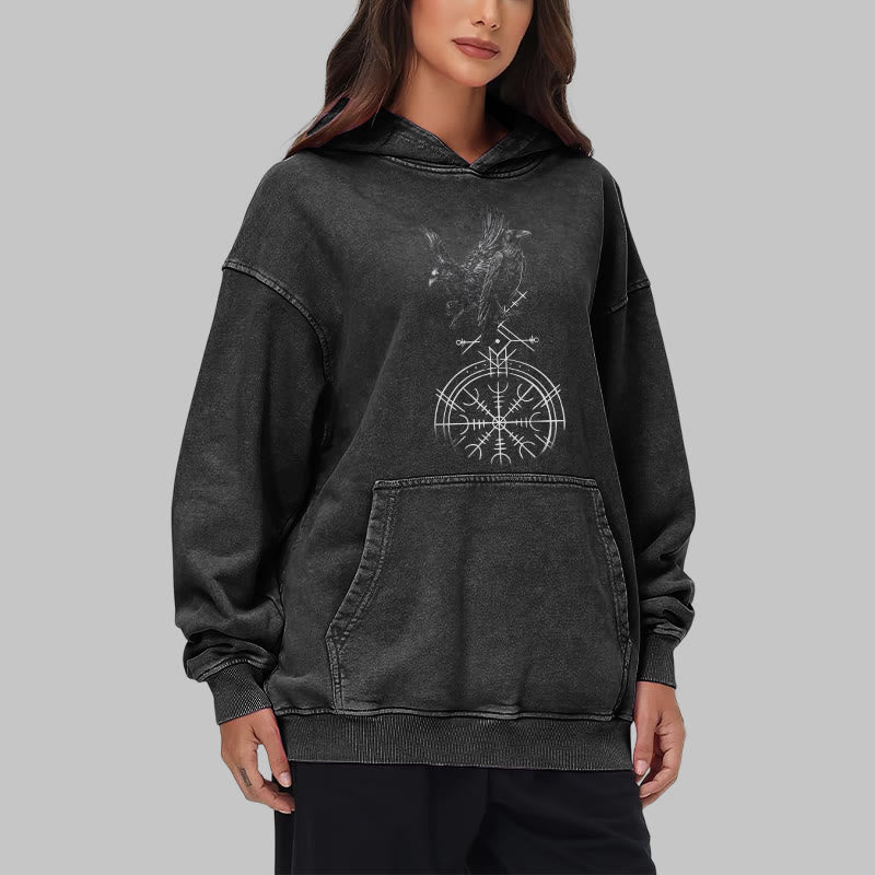 WorldNorse Gothic Raven Vegvisir Print Washed Hoodie