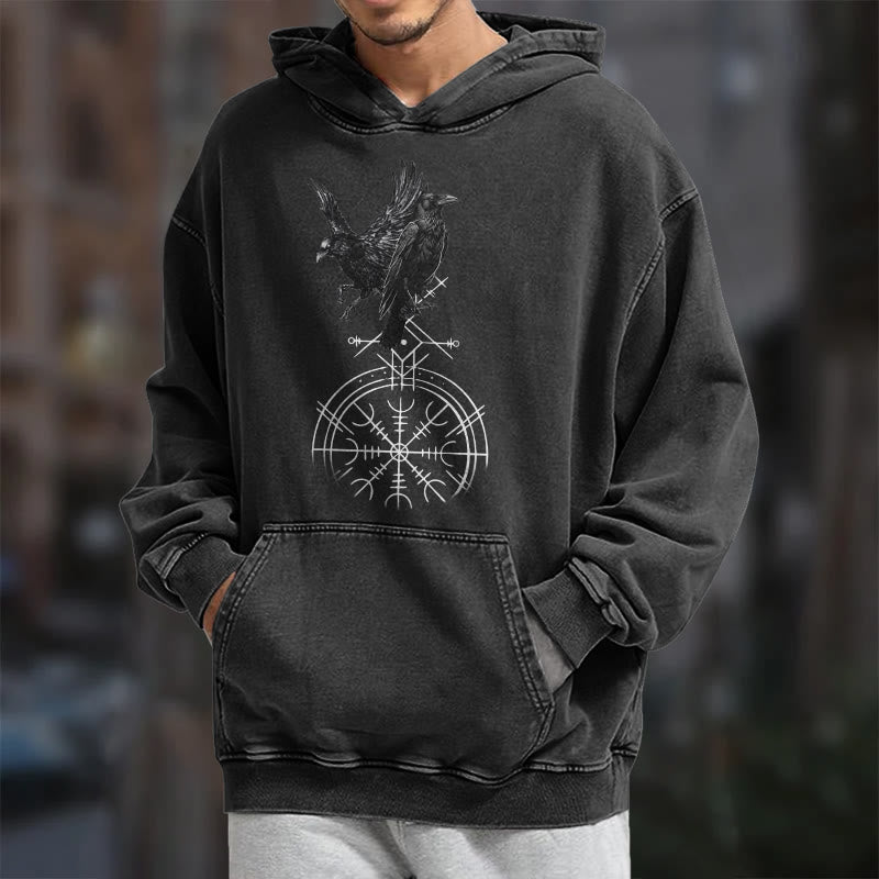 WorldNorse Gothic Raven Vegvisir Print Washed Hoodie