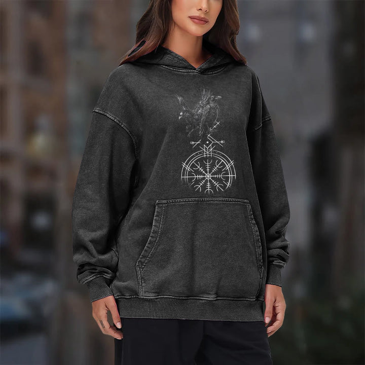 WorldNorse Gothic Raven Vegvisir Print Washed Hoodie