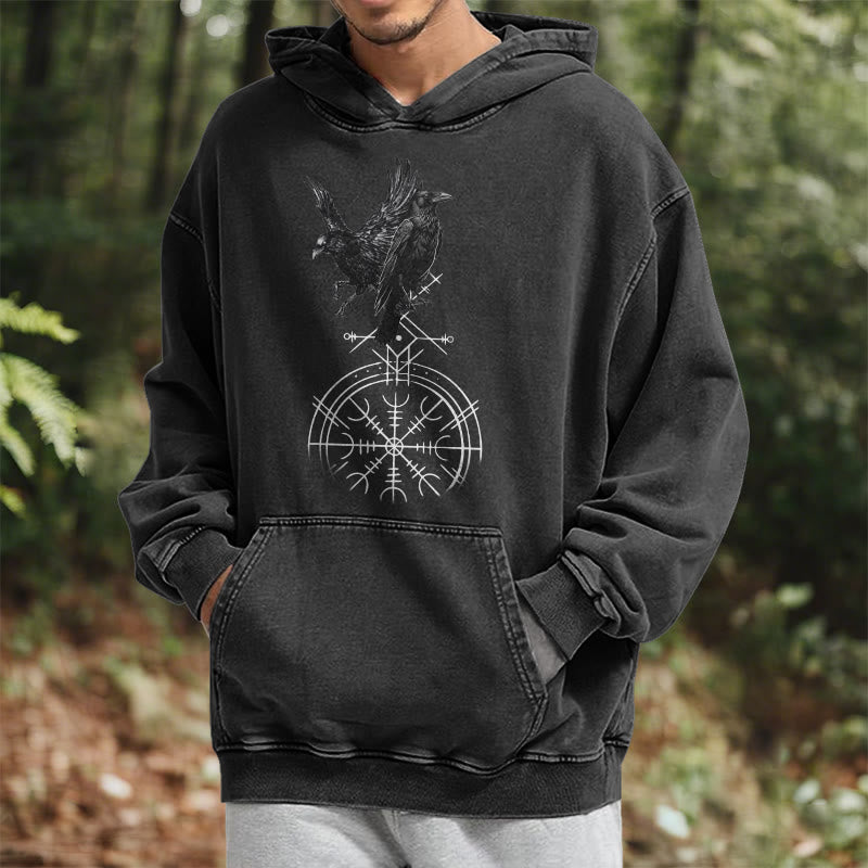 WorldNorse Gothic Raven Vegvisir Print Washed Hoodie