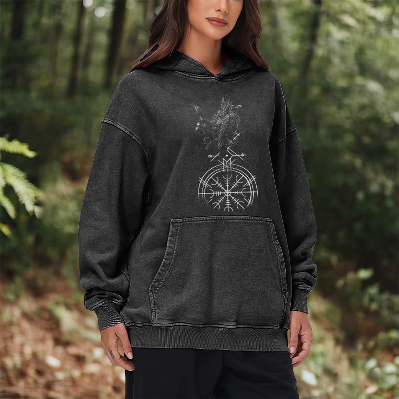 WorldNorse Gothic Raven Vegvisir Print Washed Hoodie