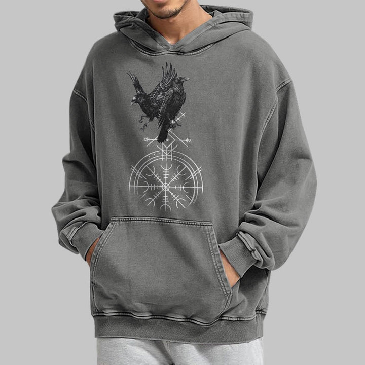 WorldNorse Gothic Raven Vegvisir Print Washed Hoodie