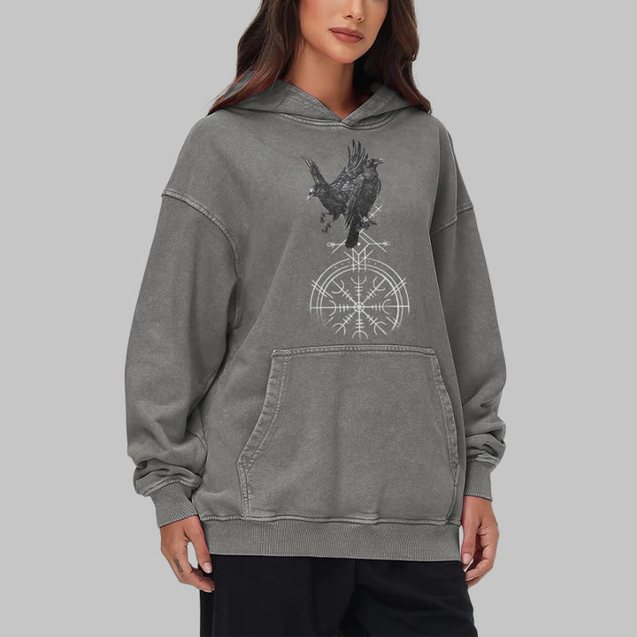 WorldNorse Gothic Raven Vegvisir Print Washed Hoodie