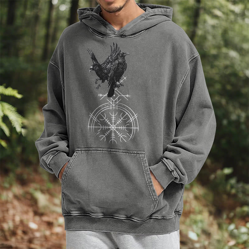 WorldNorse Gothic Raven Vegvisir Print Washed Hoodie