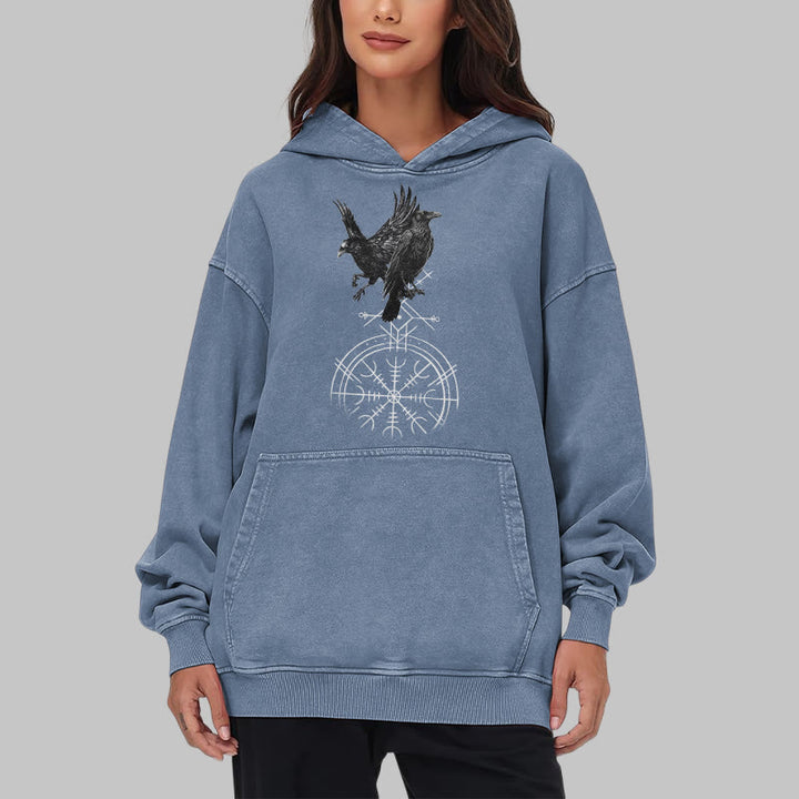 WorldNorse Gothic Raven Vegvisir Print Washed Hoodie