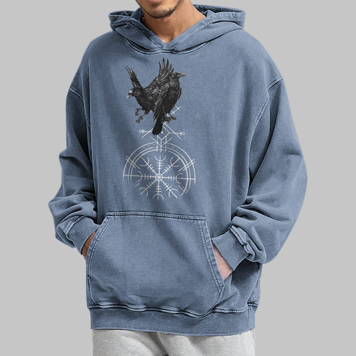 WorldNorse Gothic Raven Vegvisir Print Washed Hoodie