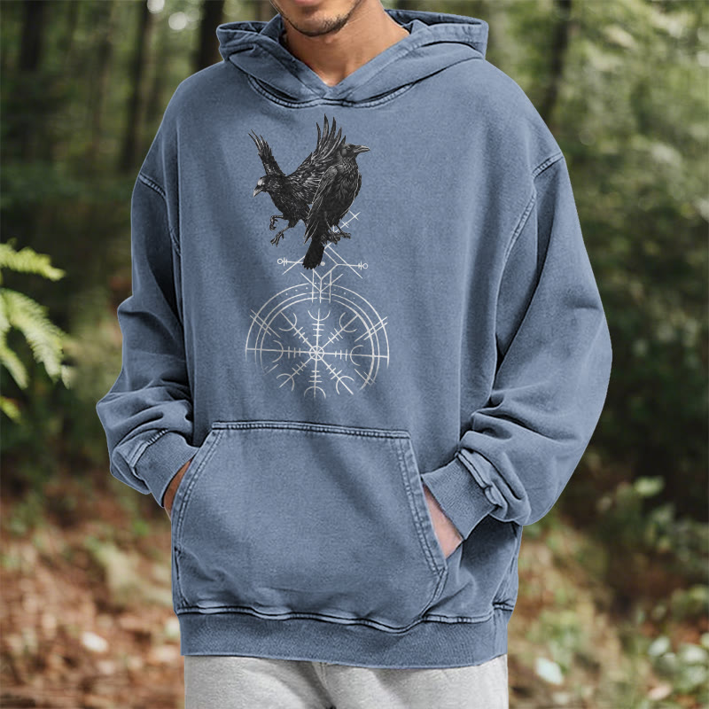 WorldNorse Gothic Raven Vegvisir Print Washed Hoodie