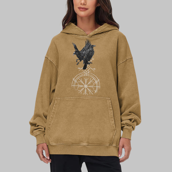 WorldNorse Gothic Raven Vegvisir Print Washed Hoodie