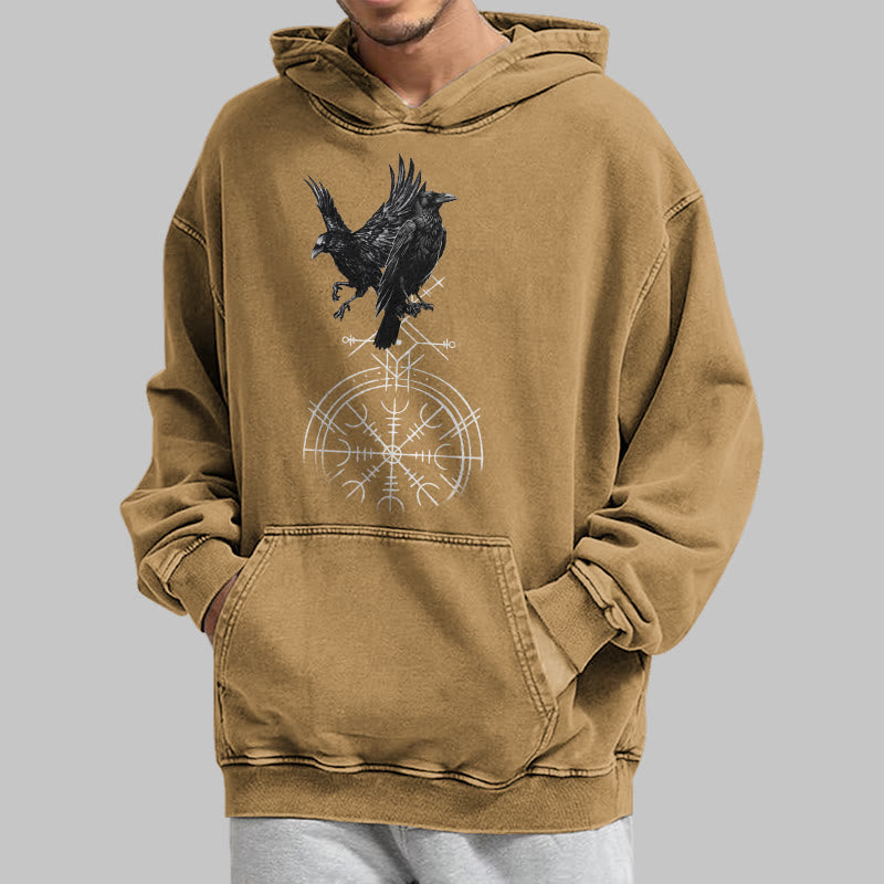 WorldNorse Gothic Raven Vegvisir Print Washed Hoodie