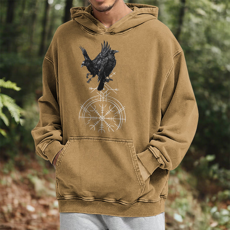 WorldNorse Gothic Raven Vegvisir Print Washed Hoodie